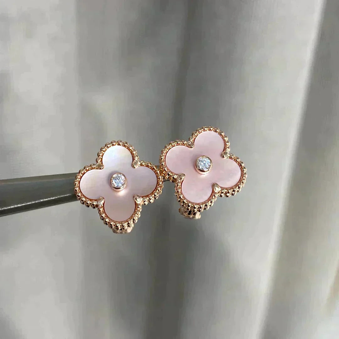 [Luxery]CLOVER MEDIUM 1 MOTIFS  PINK MOP DIAMOND EARRINGS