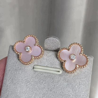 [Luxery]CLOVER MEDIUM 1 MOTIFS  PINK MOP DIAMOND EARRINGS