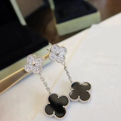 [Luxery]CLOVER 2 MOTIFS  DIAMOND ONYX EARRINGS SILVER