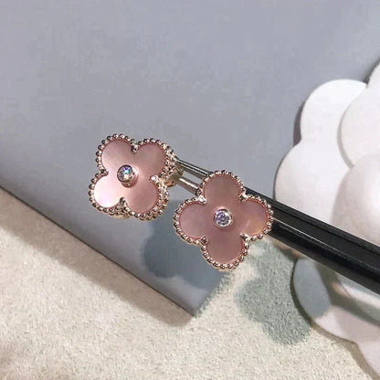 [Luxery]CLOVER MEDIUM 1 MOTIFS  PINK MOP DIAMOND EARRINGS