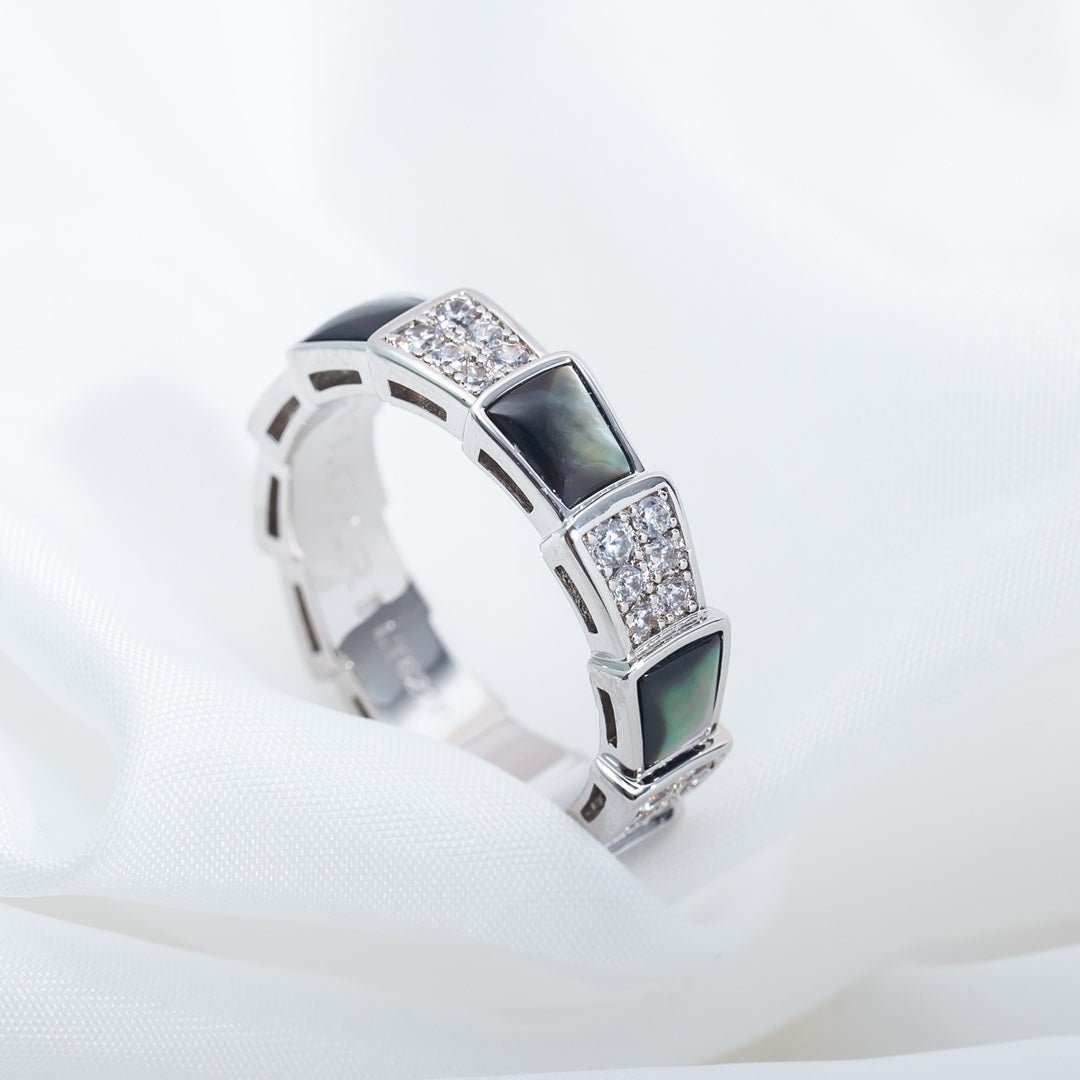 [⭐Luxus]SERPENTI RING SILBER DIAMANT SCHWARZ PERLMUTT 4MM