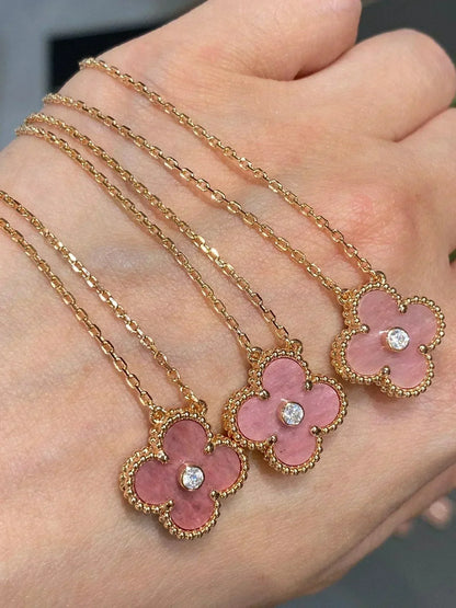 [Luxery]CLOVER 15MM DIAMOND RHODONITE NECKLACE