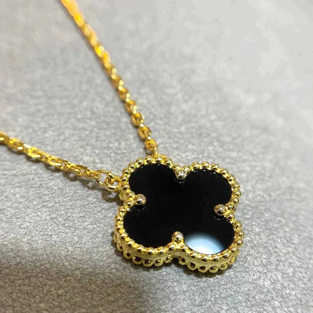 [Luxery]CLOVER 15MM BLACK ONYX SINGLE FLOWER NECKLACE