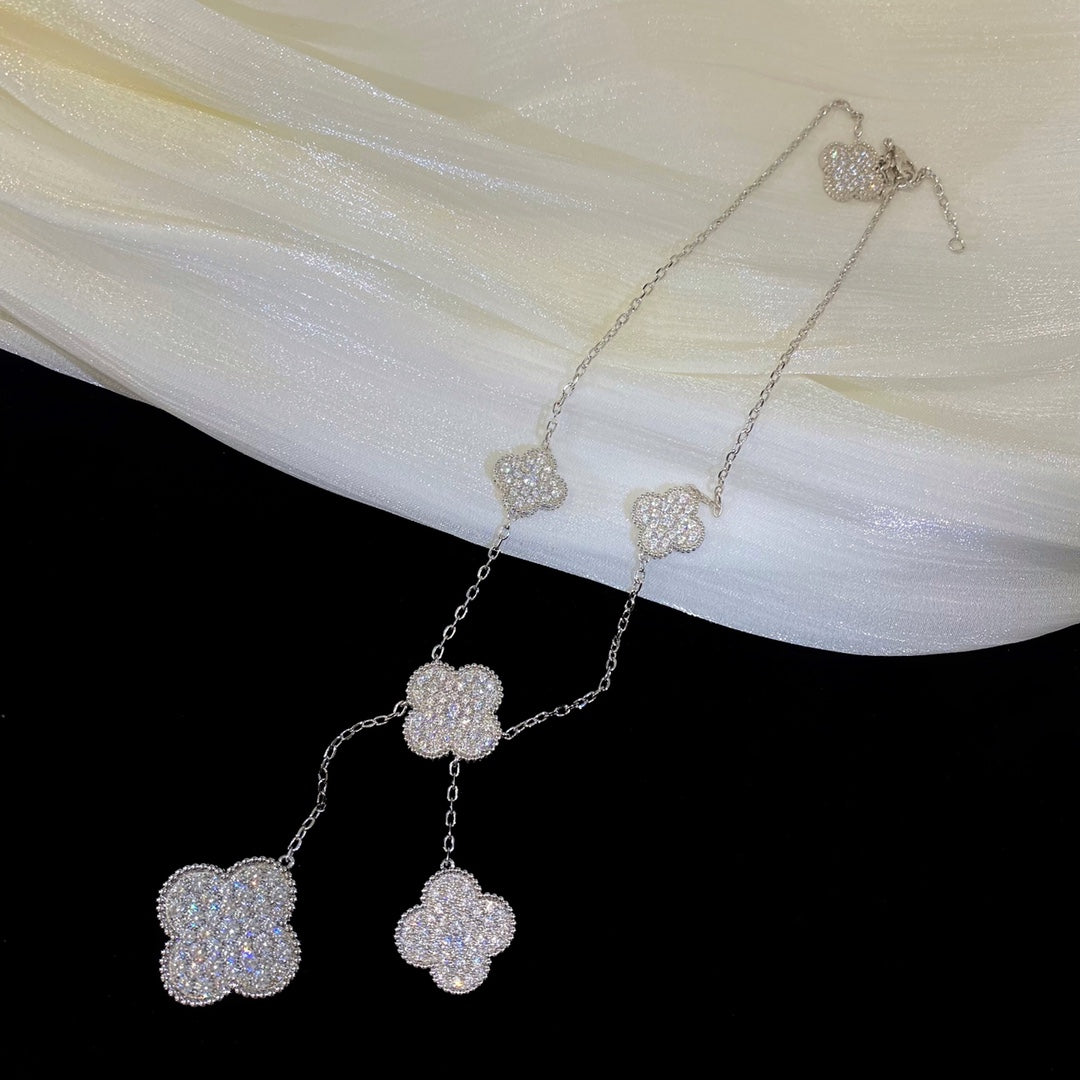 [Luxery]CLOVER 5 MOTIFS SILVER DIAMONDS NECKLACE