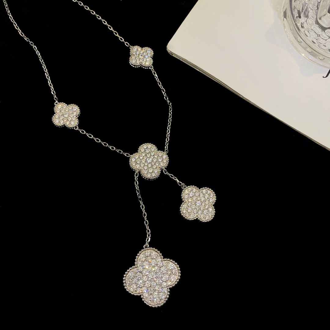 [Luxery]CLOVER 5 MOTIFS SILVER DIAMONDS NECKLACE