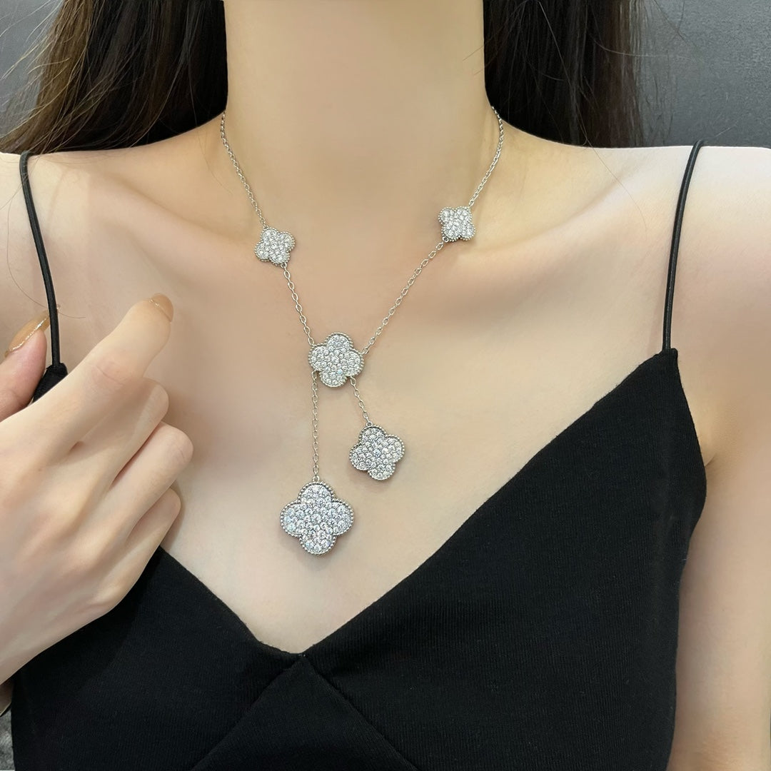 [Luxery]CLOVER 5 MOTIFS SILVER DIAMONDS NECKLACE