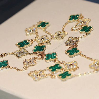 [Luxery]CLOVER 20 MOTIFS MALACHITE DIAMOND NECKLACE