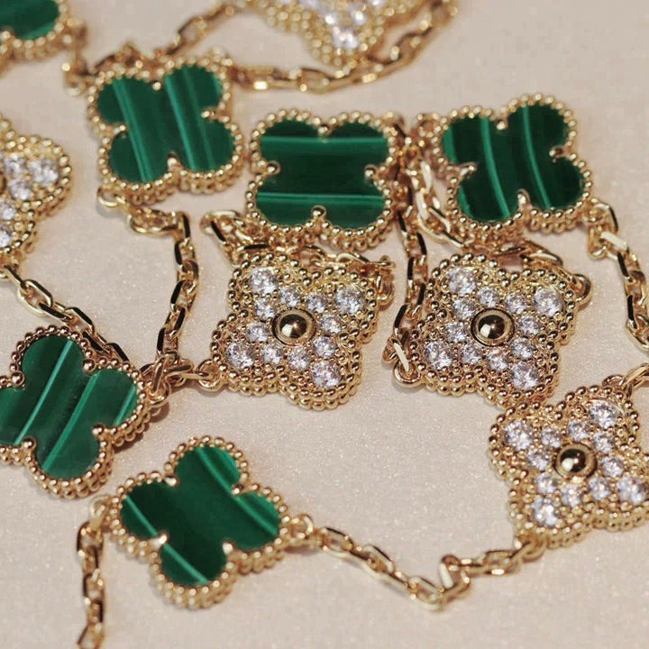 [Luxery]CLOVER 20 MOTIFS MALACHITE DIAMOND NECKLACE