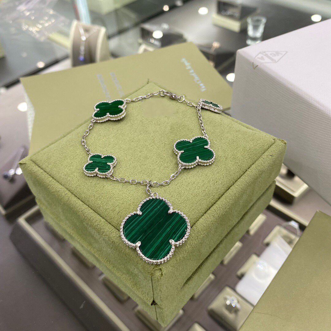 [Luxery]CLOVER 5 MOTIFS SIVLER MALACHITE BRACELET