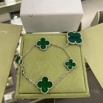 [Luxery]CLOVER 5 MOTIFS SIVLER MALACHITE BRACELET