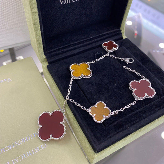 [Luxery]CLOVER 5 MOTIFS SIVLER CARNELIAN TIGER EYE BRACELET