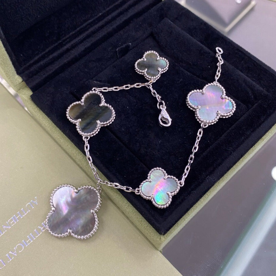 [Luxery]CLOVER 5 MOTIFS SIVLER DARK MOP BRACELET