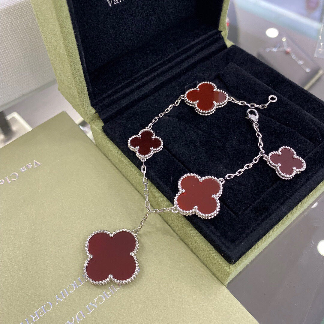 [Luxery]CLOVER 5 MOTIFS SIVLER CARNELIAN BRACELET