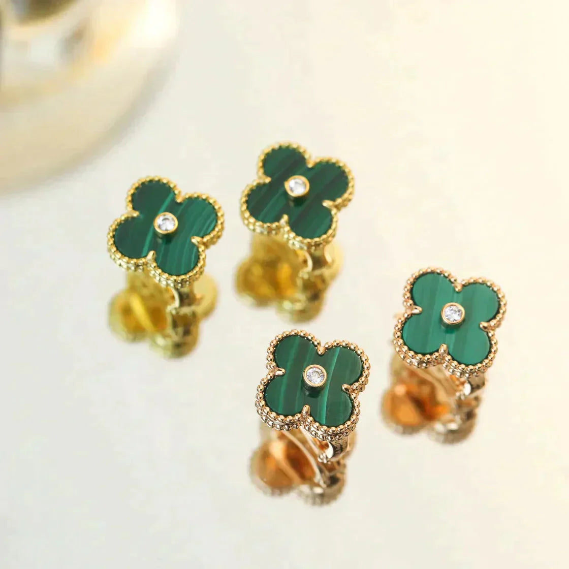 [Luxery]CLOVER MEDIUM 1 MOTIFS MALACHITE DIAMOND EARRINGS