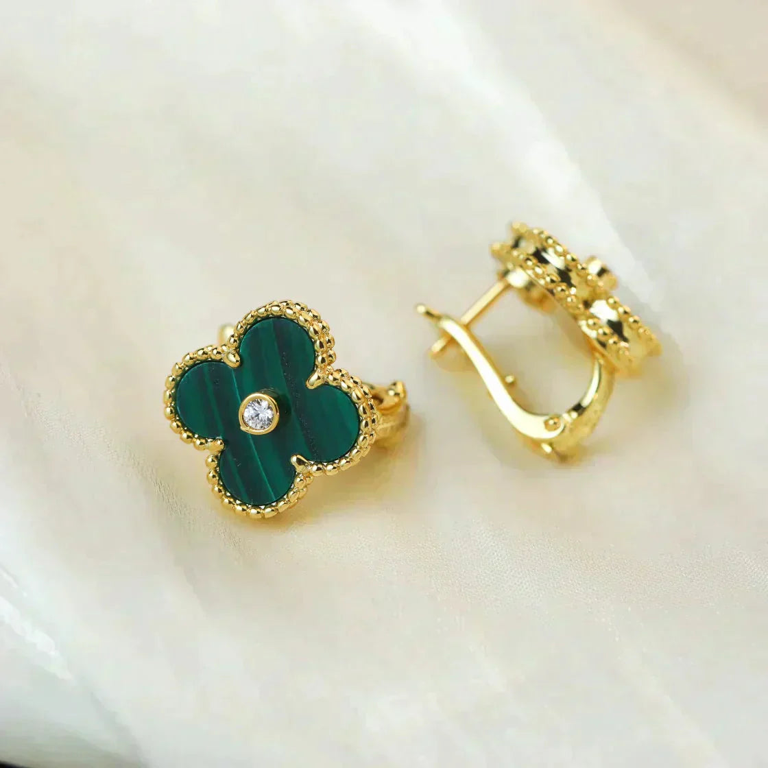 [Luxery]CLOVER MEDIUM 1 MOTIFS MALACHITE DIAMOND EARRINGS