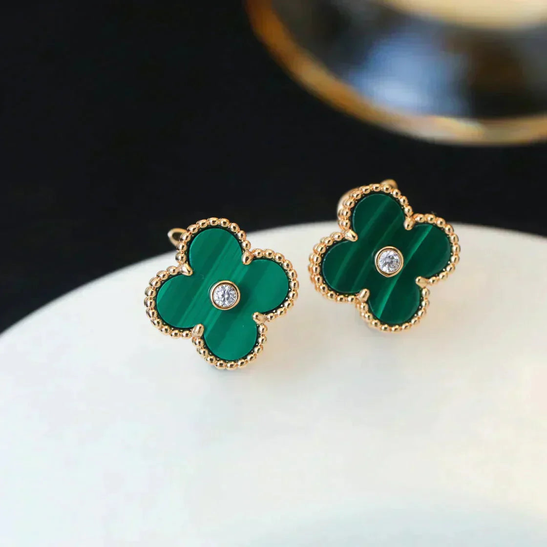 [Luxery]CLOVER MEDIUM 1 MOTIFS MALACHITE DIAMOND EARRINGS