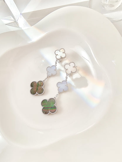 [Luxery]CLOVER 3 MOTIFS CHALCEDONY DARK MOP SILVER EARRINGS