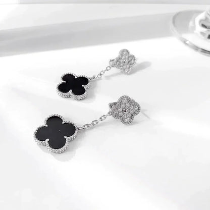 [Luxery]CLOVER 2 MOTIFS  DIAMOND ONYX EARRINGS SILVER