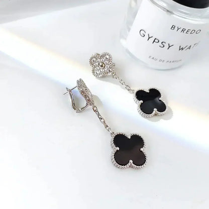 [Luxery]CLOVER 2 MOTIFS  DIAMOND ONYX EARRINGS SILVER