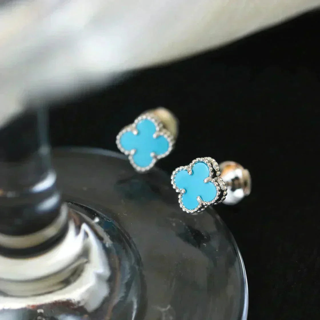 [Luxery]CLOVER MINI 9.5MM ONYX STUD EARRINGS SILVER