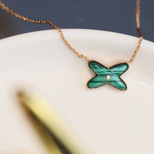 [Luxery]JEUX MALACHITE 1 DIAMOND PINK GOLD NECKLACE