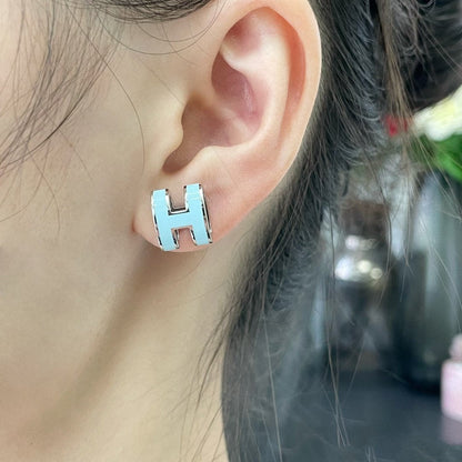 [Luxery]POP H SKY BLUE STUD EARRINGS