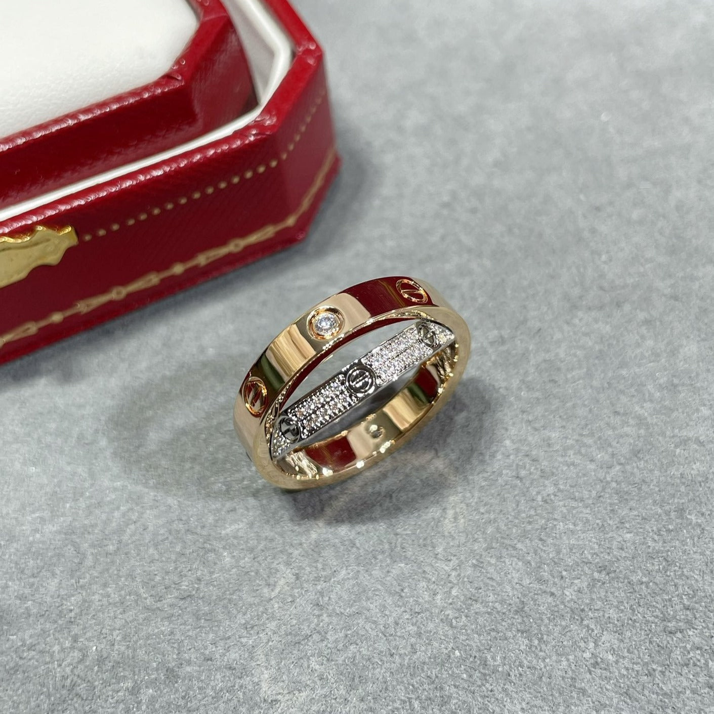 [Luxery]LOVE PINK GOLD SILVER DIAMOND DOUBLE RING