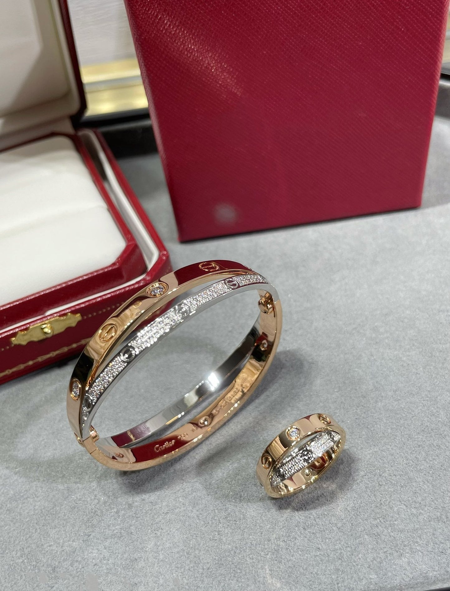 [Luxery]LOVE PINK GOLD SILVER DIAMOND DOUBLE RING