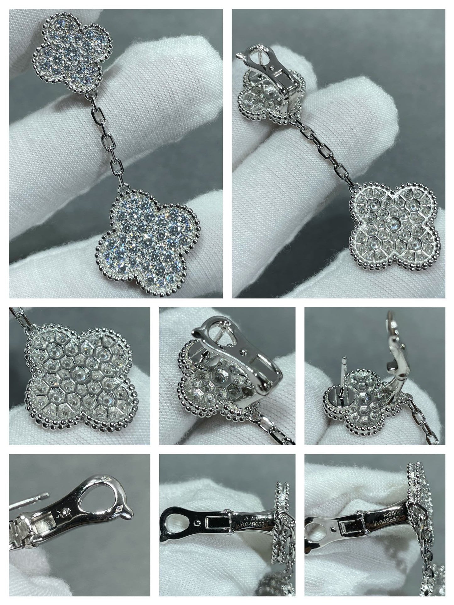 [Luxery]CLOVER 2 MOTIFS DIAMOND PAVED SILVER EARRINGS