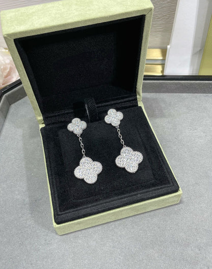 [Luxery]CLOVER 2 MOTIFS DIAMOND PAVED SILVER EARRINGS
