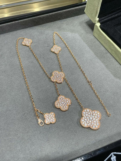 [Luxery]CLOVER 6 MOTIF DIAMOND PAVED NECKLACE
