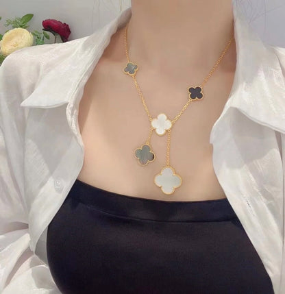 [Luxery]CLOVER 6 MOTIF MOP ONYX GOLD NECKLACE