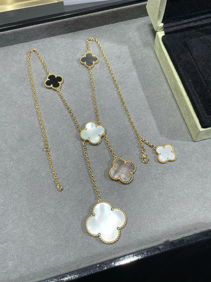 [Luxery]CLOVER 6 MOTIF MOP ONYX GOLD NECKLACE