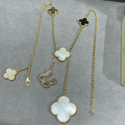 [Luxery]CLOVER 6 MOTIF MOP ONYX GOLD NECKLACE