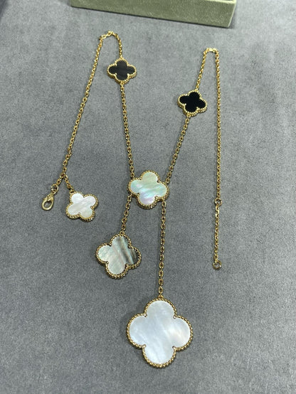 [Luxery]CLOVER 6 MOTIF MOP ONYX GOLD NECKLACE