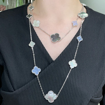[Luxery]CLOVER 16 MOTIF CHALCEDONY MOP SILVER NECKLACE