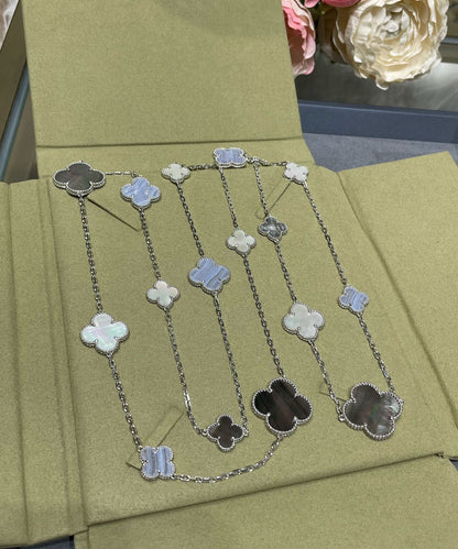 [Luxery]CLOVER 16 MOTIF CHALCEDONY MOP SILVER NECKLACE