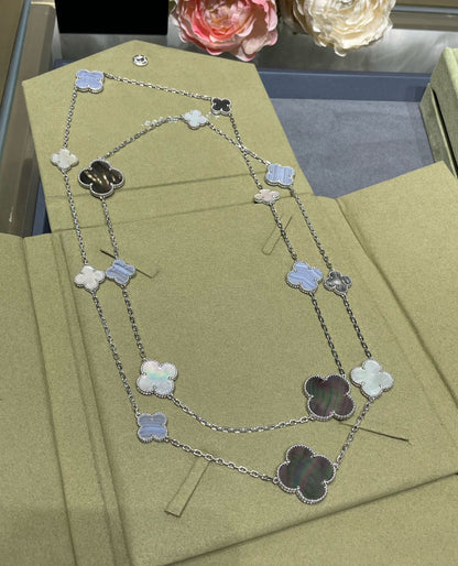 [Luxery]CLOVER 16 MOTIF CHALCEDONY MOP SILVER NECKLACE