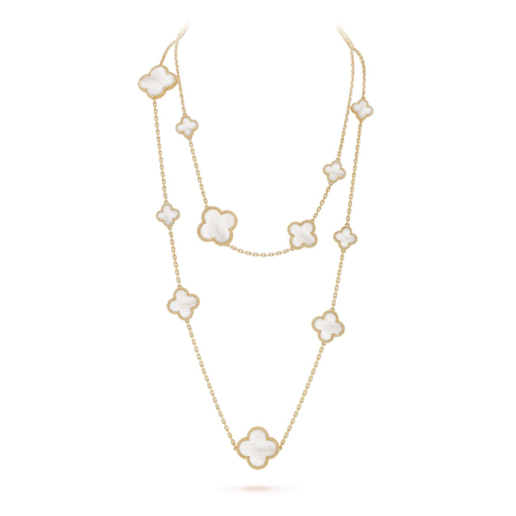 [Luxery]CLOVER 16 MOTIF WHITE MOP GOLD NECKLACE