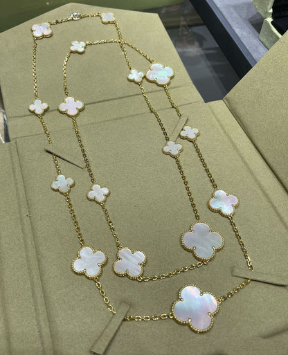 [Luxery]CLOVER 16 MOTIF WHITE MOP GOLD NECKLACE