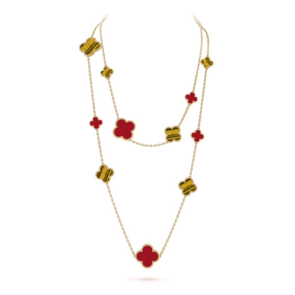 [Luxery]CLOVER 16 MOTIF CARNELIAN TIGER EYE ROSE GOLD NECKLACE