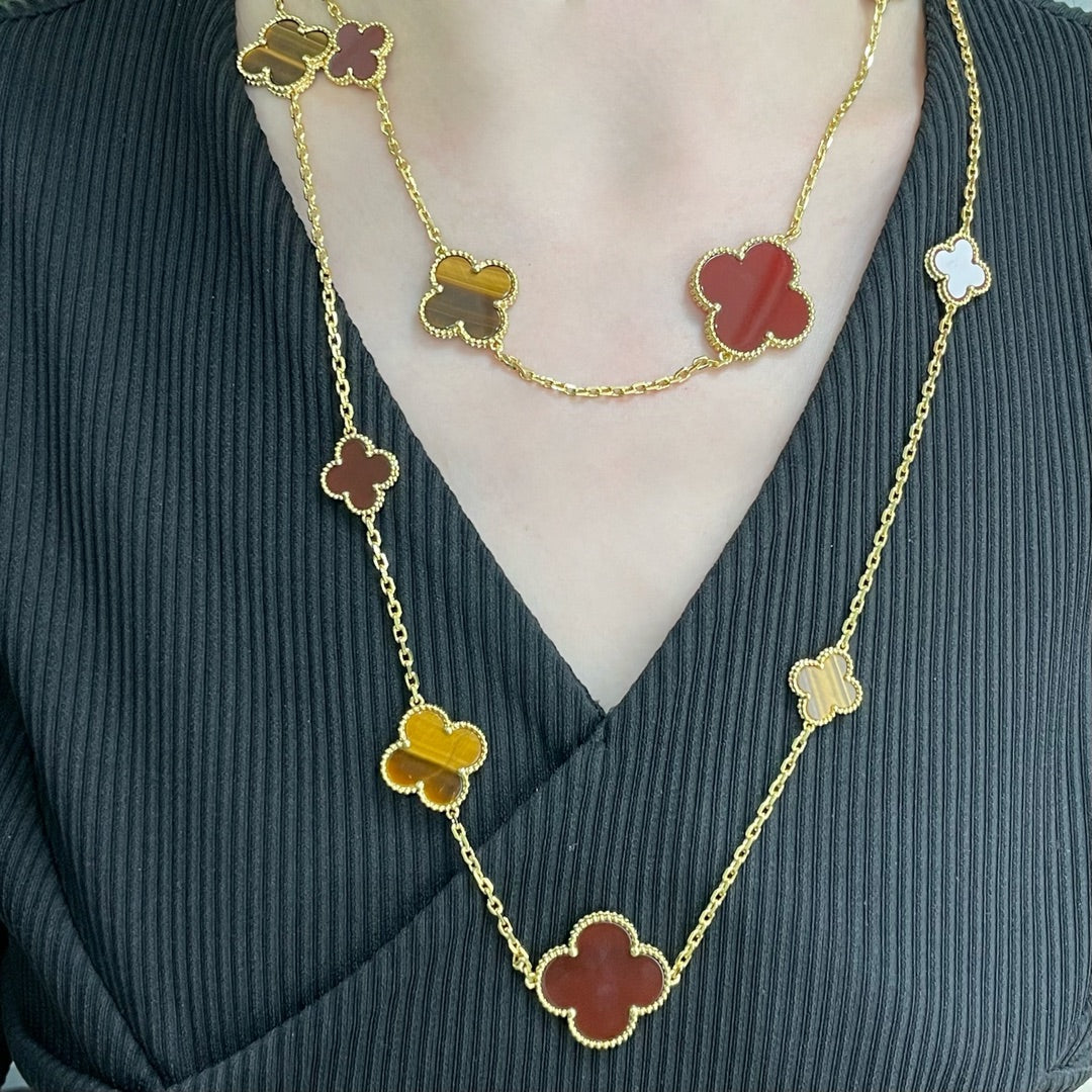 [Luxery]CLOVER 16 MOTIF CARNELIAN TIGER EYE ROSE GOLD NECKLACE