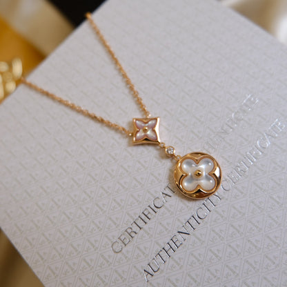 [Luxery]STAR AND SUN WHITE MOP 2 MOTIF PINK GOLD NECKLACE