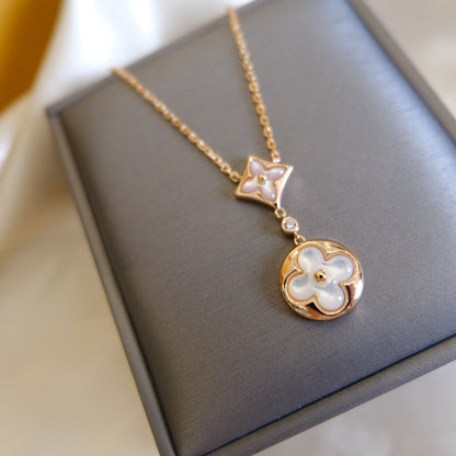 [Luxery]STAR AND SUN WHITE MOP 2 MOTIF PINK GOLD NECKLACE