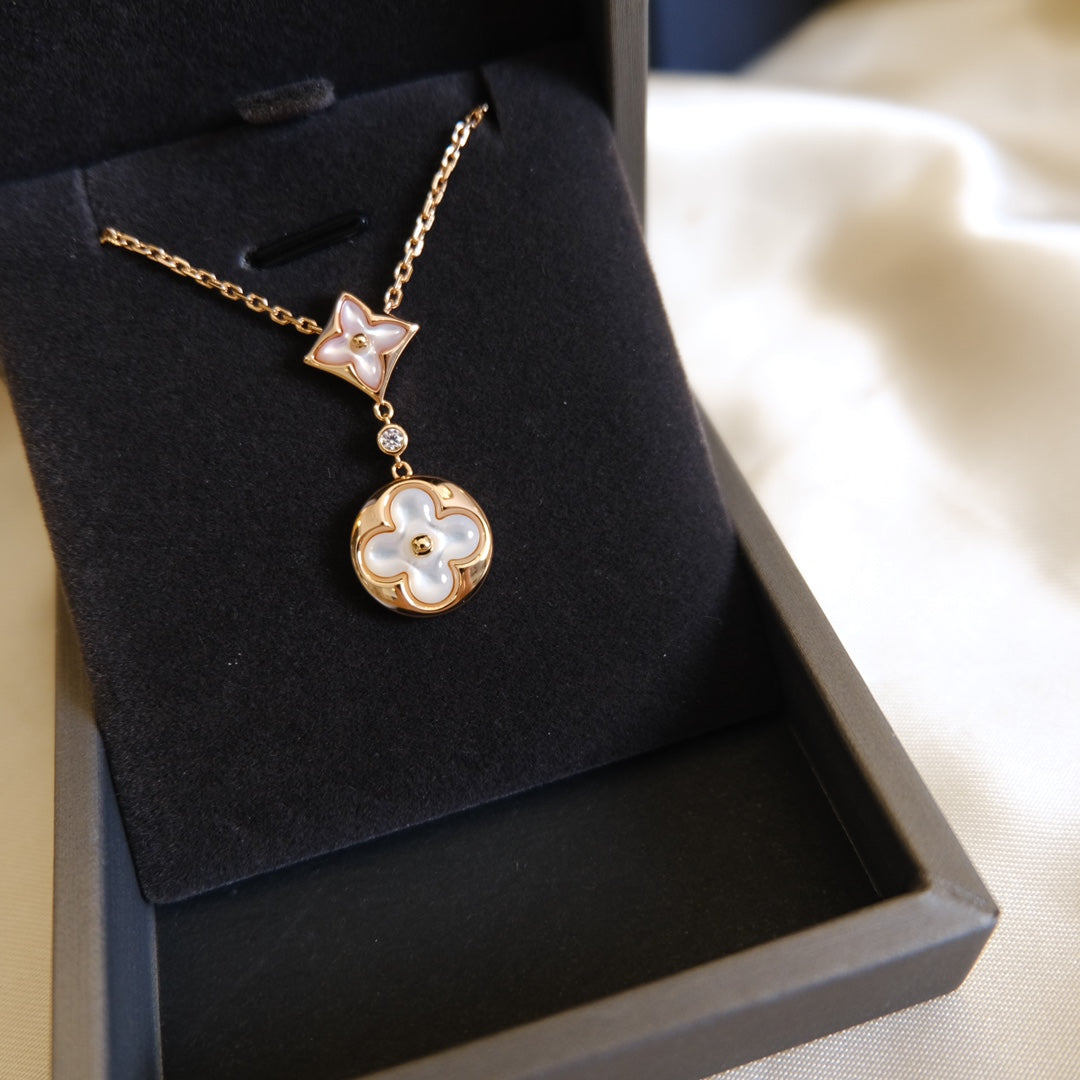 [Luxery]STAR AND SUN WHITE MOP 2 MOTIF PINK GOLD NECKLACE