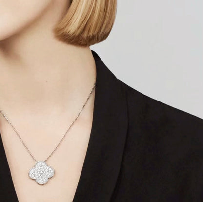 [Luxery]CLOVER 25MM LARGE PENDANT DIAMOND PAVED SILVER NECKLACE