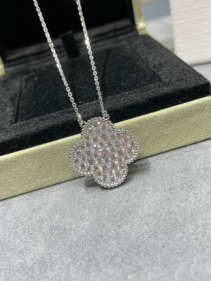 [Luxery]CLOVER 25MM LARGE PENDANT DIAMOND PAVED SILVER NECKLACE