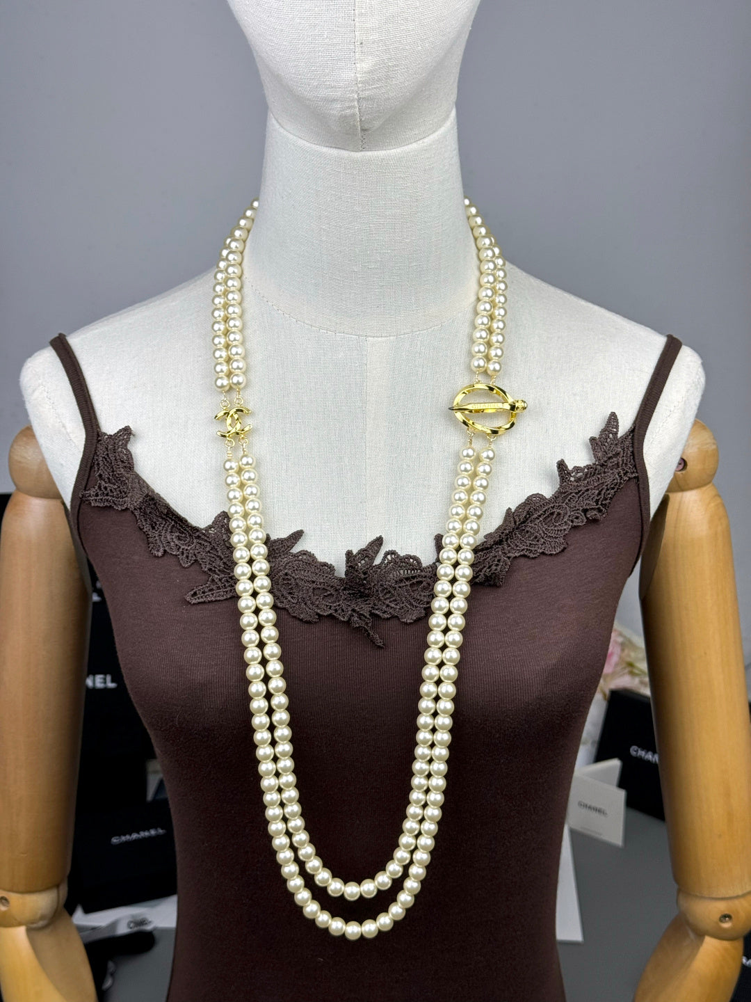 [Luxery]25K Pencil Double C Double-Layer Pearl Sweater Chain
