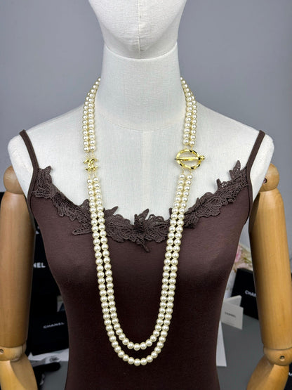 [Luxery]25K Pencil Double C Double-Layer Pearl Sweater Chain