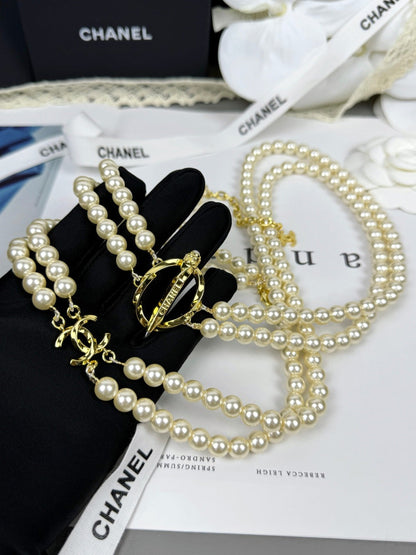 [Luxery]25K Pencil Double C Double-Layer Pearl Sweater Chain